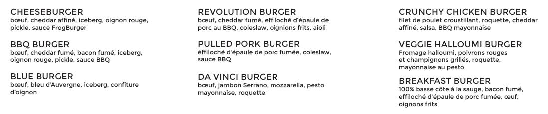 Our burgers list